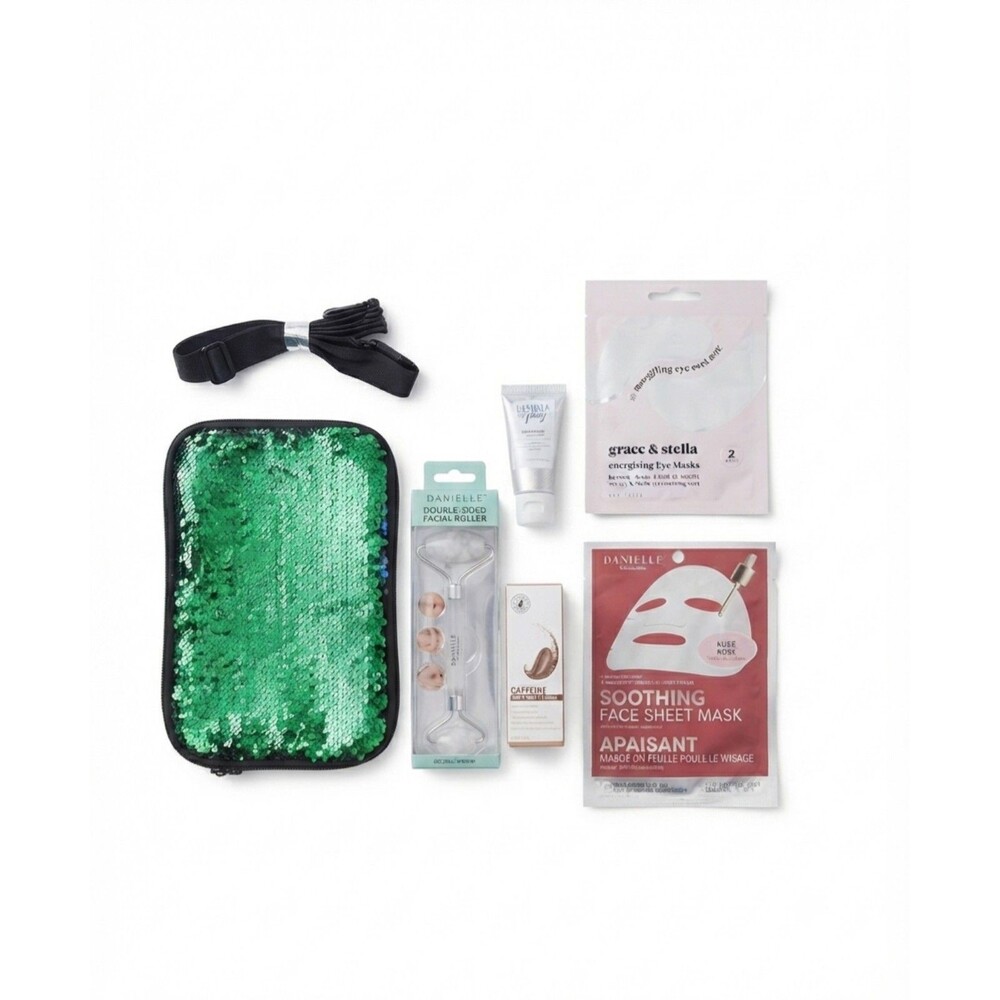 NWT Green Sequin Cosmetic Bag & At-Home Spa Skincare Gift Set
